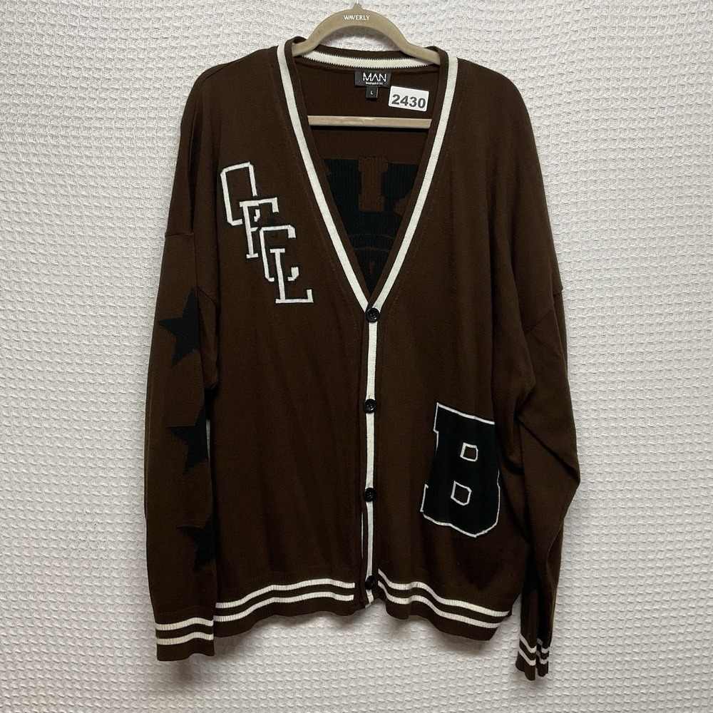 boohoo Man Limited Edition Brown Letterman Button Down Cardigan Sweater Size‎  L
